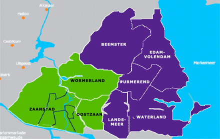 Kaart met daarop alle gemeenten die vallen onder GGD Zaanstreek-Waterland. Zaanstad, Wormerland, Oostzaan, Beemster, Edam-Volendam, Purmerend, Landsmeer, Waterland.