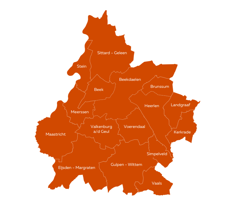 Kaart met gemeenten van de GGD Zuid-Limburg